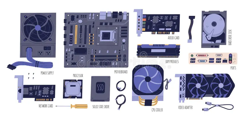Various computer components like RAM, GPU, motherboard